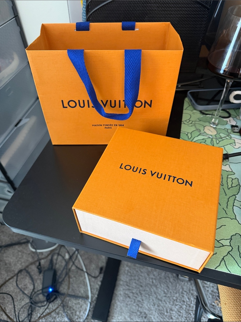 Louis Vuitton Orange Gift Box and Shopping Bag with Blue Handles